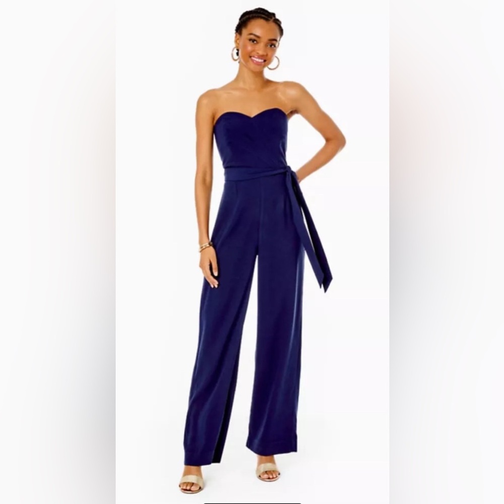 NWT‎ Lilly Pulitzer Size 12 Strapless Jumpsuit Wide Leg Kylo Navy Crepe Corset